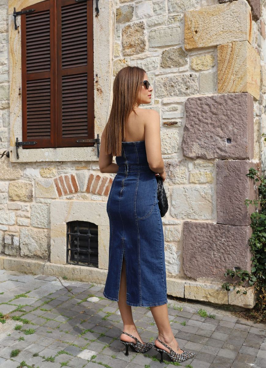 Koyu Mavi Sırt Fermuarlı Straplez Jean Elbise   resmi