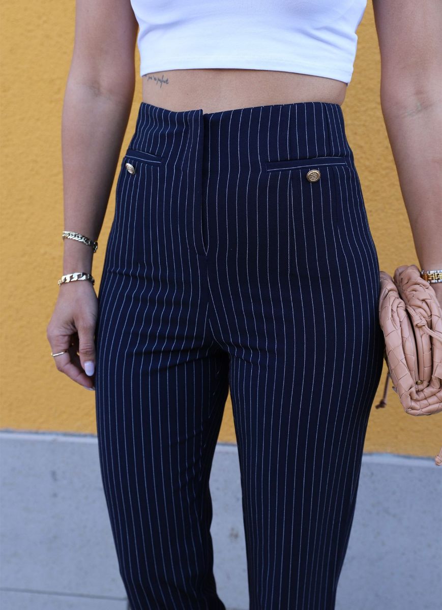 Lacivert Çizgili Gold Düğme Detay Pantolon   resmi