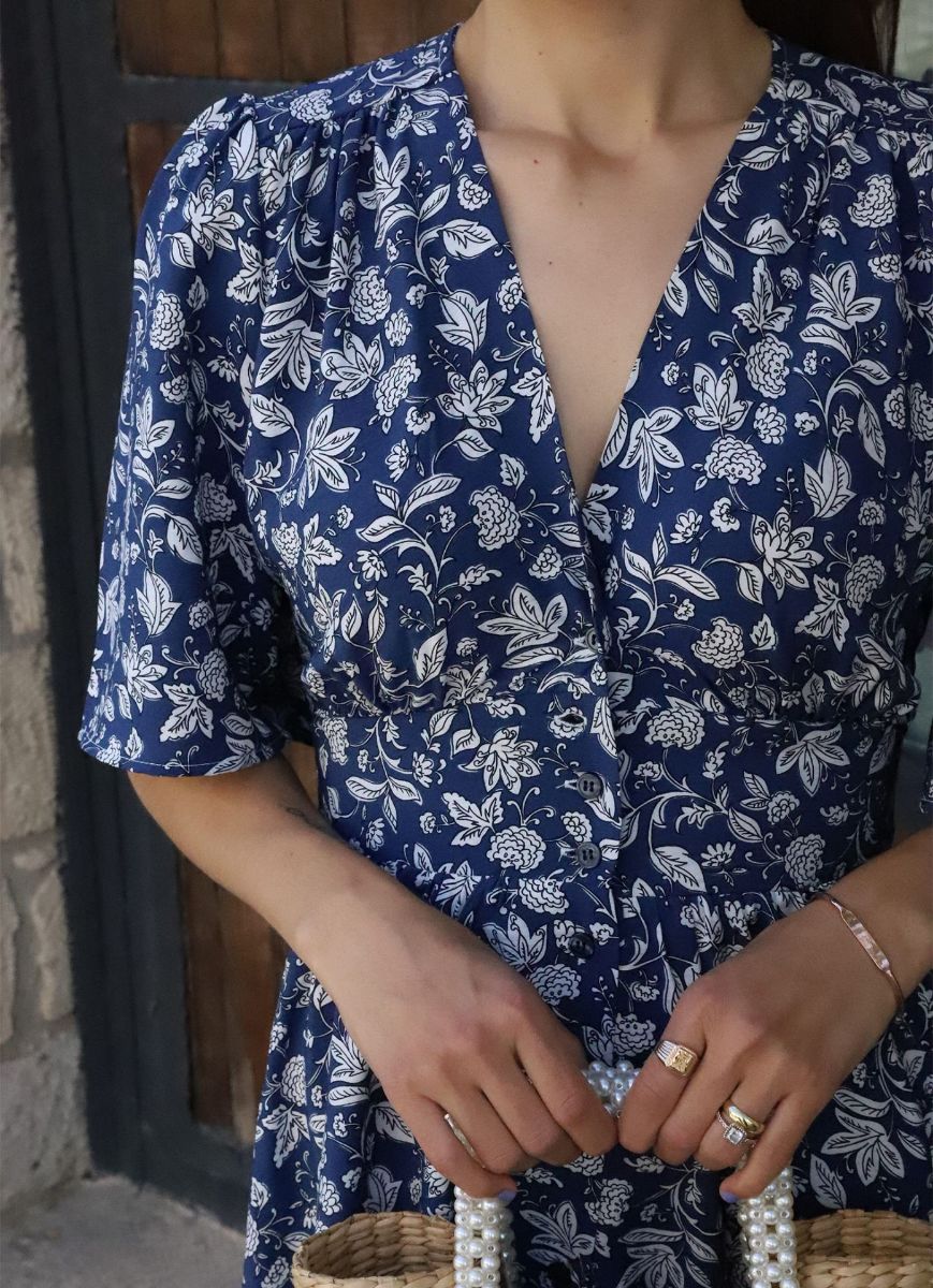 Lacivert Yaprak Desen Düğmeli Elbise   resmi