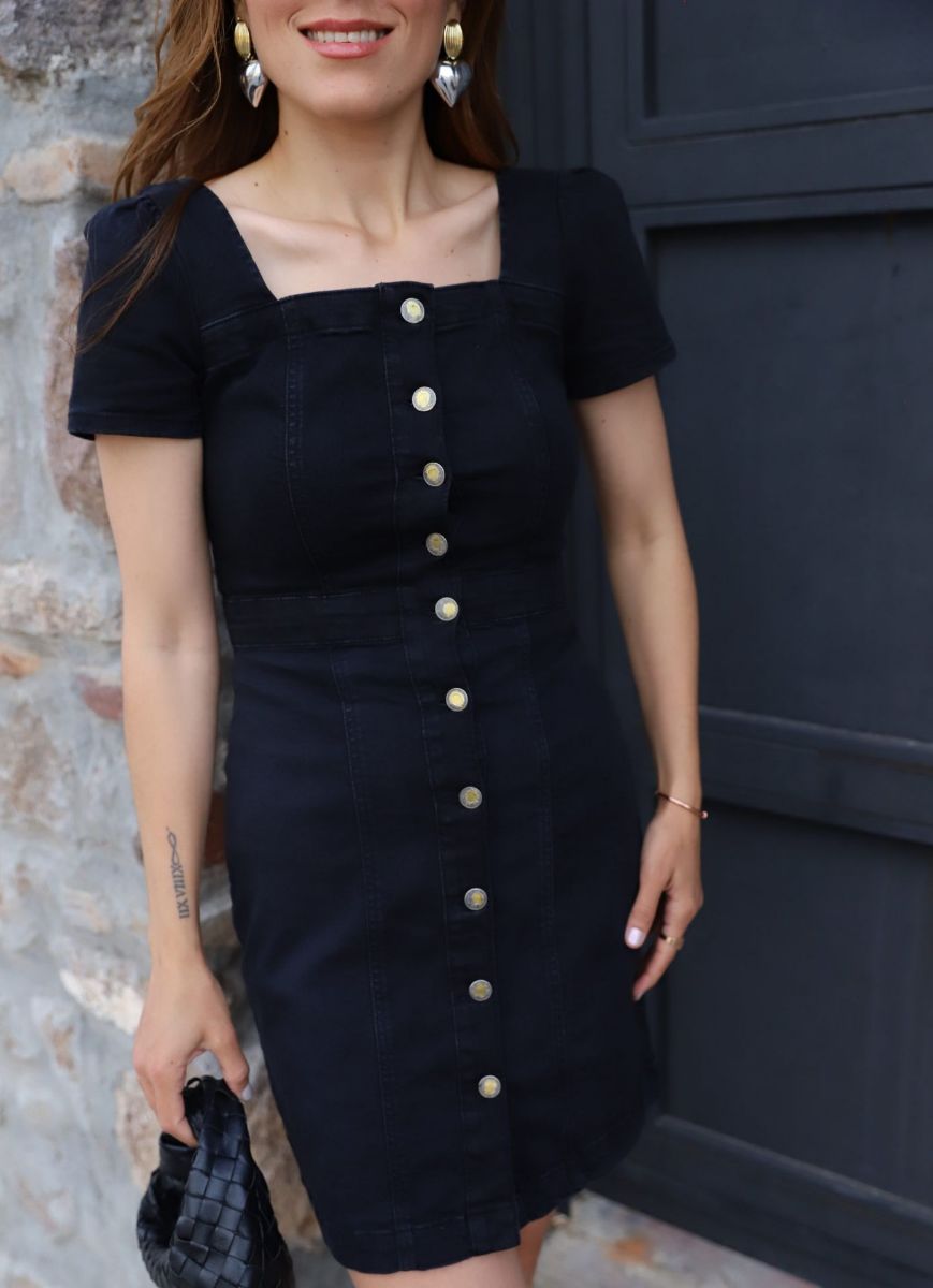 Siyah Düğme Detay Lycralı Jean Elbise   resmi