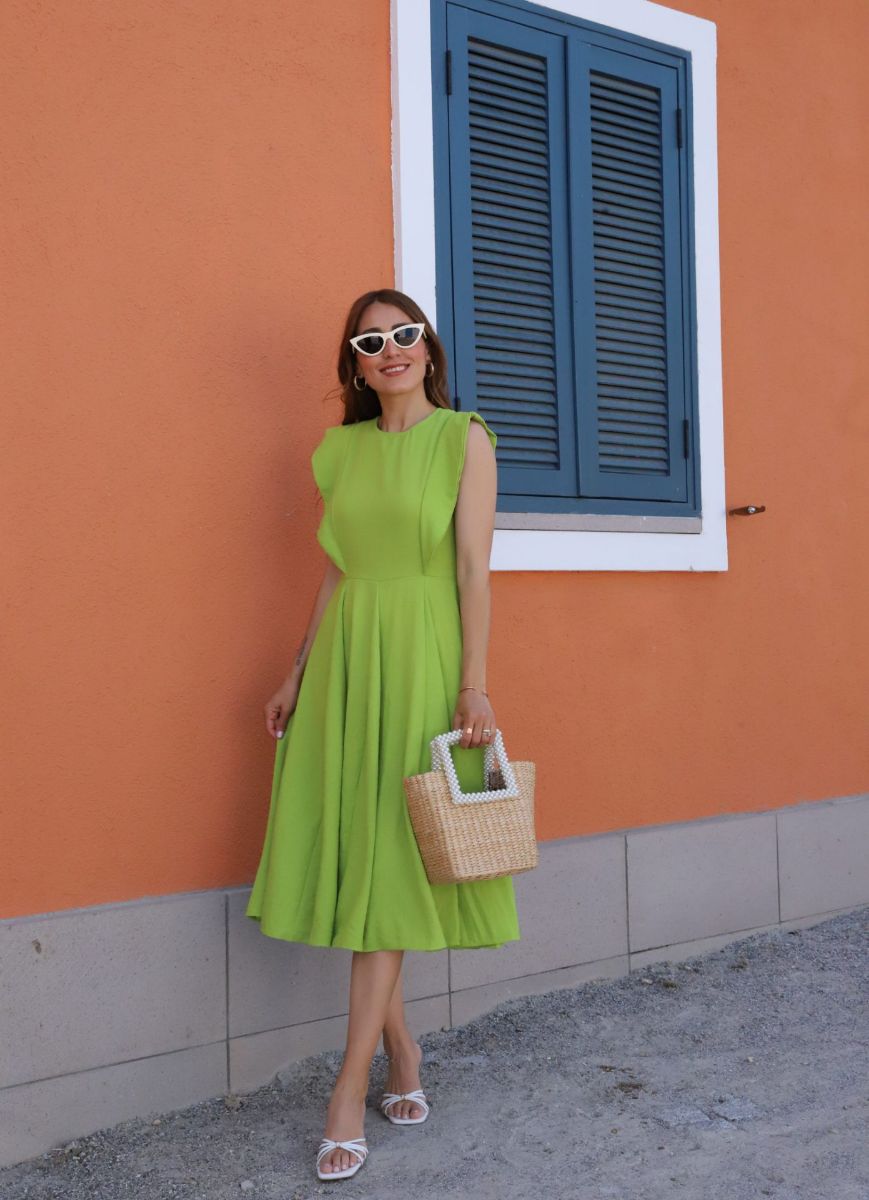 Fıstık Yeşili Kolları Fırfır Detay Keten Elbise   resmi