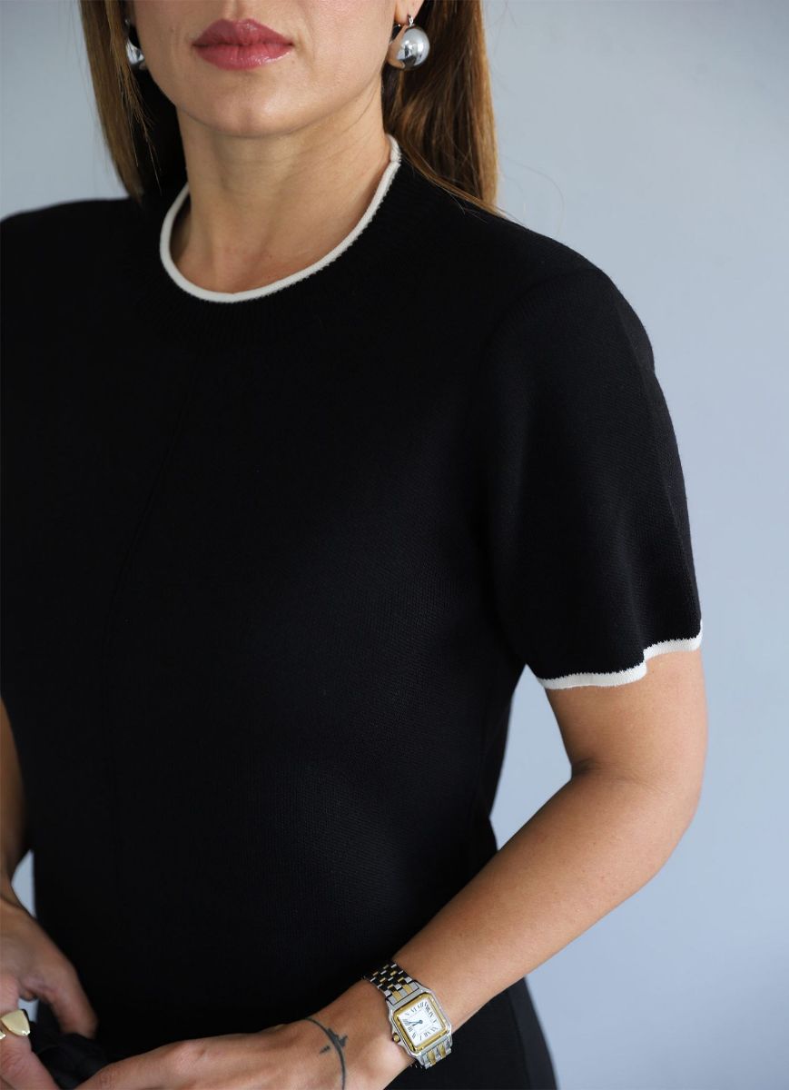 Siyah Ekru Şerit Detay Triko Elbise   resmi
