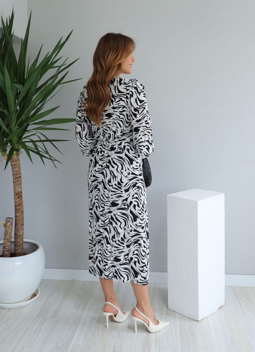 Siyah Beyaz Zebra Desen Kuşak Detay Elbise   resmi