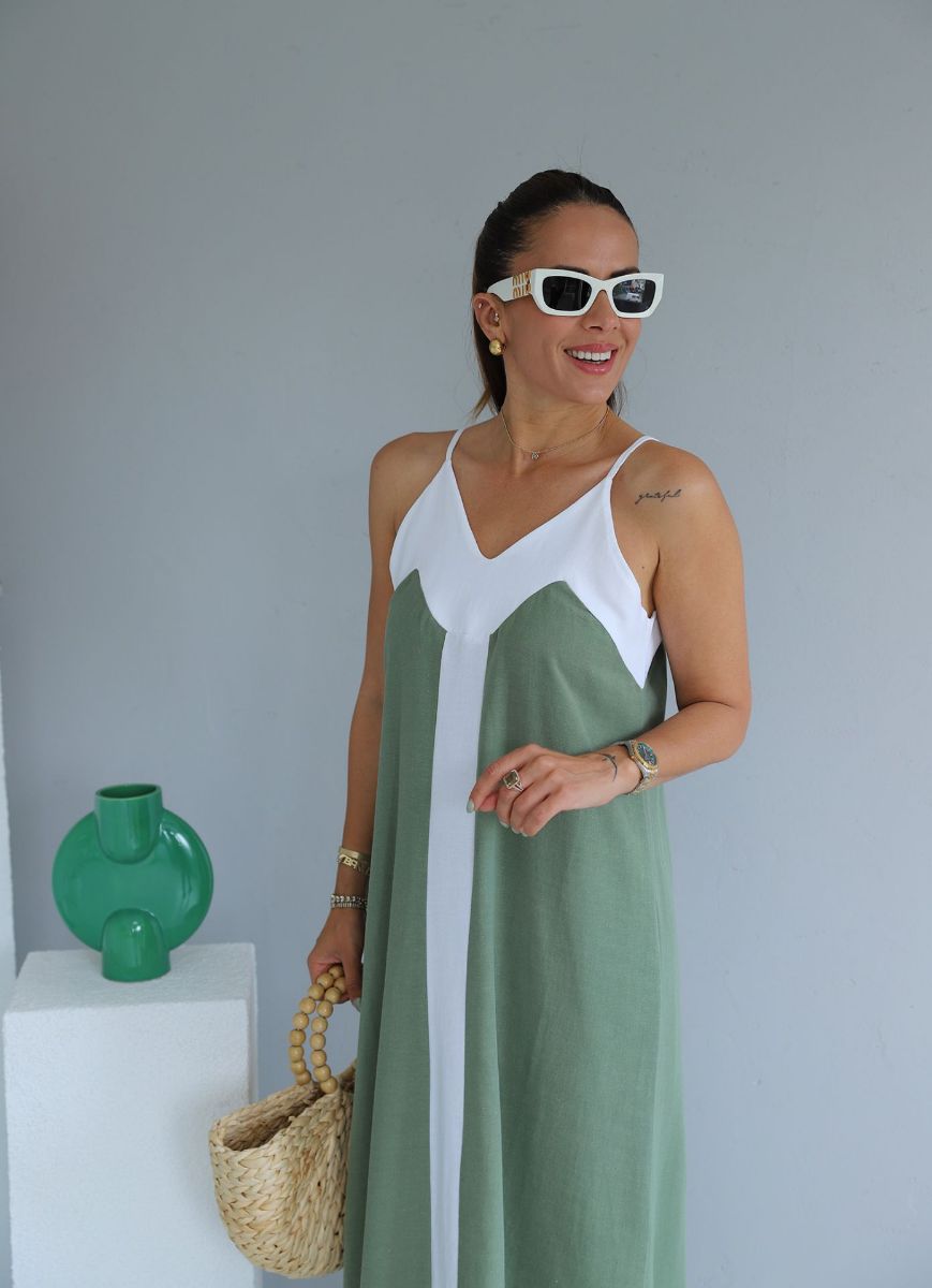 Yeşil Beyaz Şerit Detay Askılı Keten Elbise   resmi