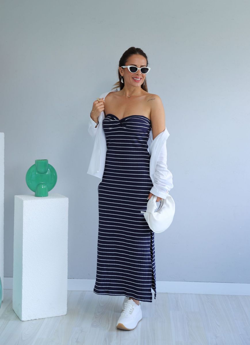Marin Çizgili Göğüs Düğüm Detay Straplez Elbise   resmi