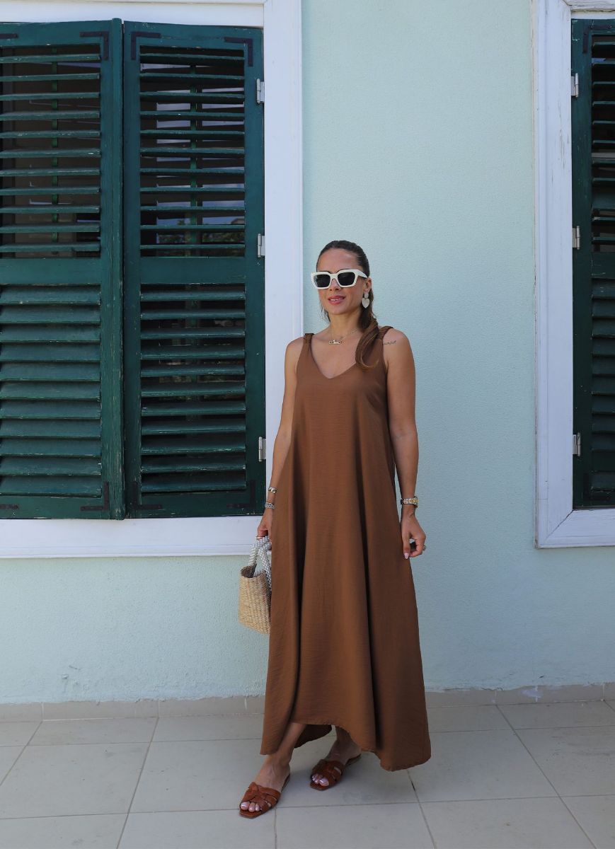 Kahverengi Lastik Askı Detay V Yaka Salaş Elbise   resmi