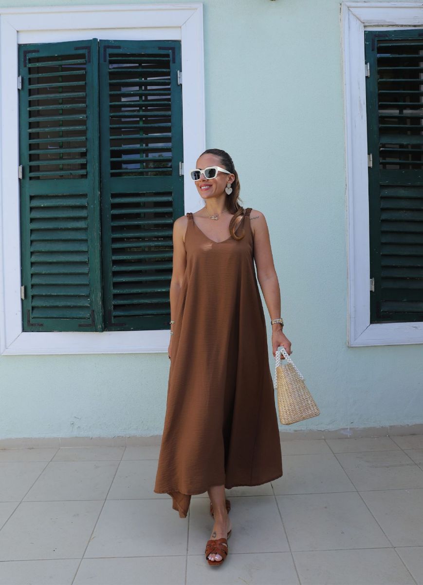 Kahverengi Lastik Askı Detay V Yaka Salaş Elbise   resmi