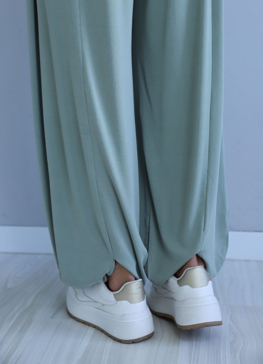 Mint Yeşili Paça Detay Şalvar Pantolon   resmi