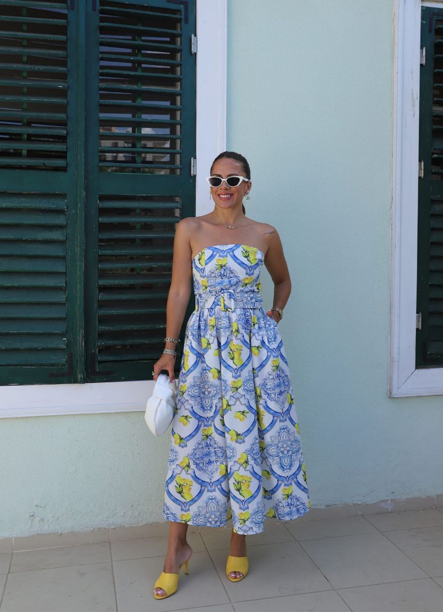 Mavi Sarı Desenli Kemer Detay Straplez Elbise   resmi