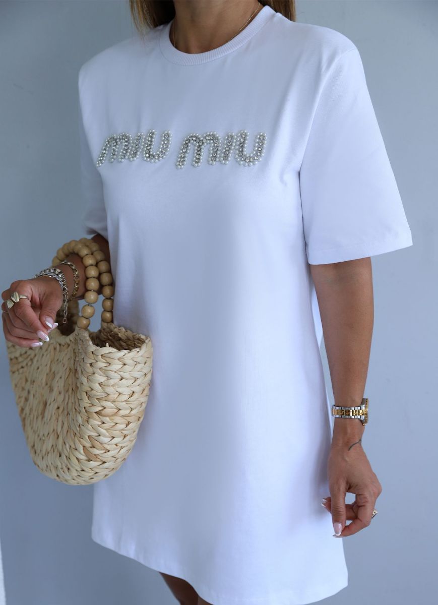 Beyaz Incili Taşlı Yazı Detay Basıc Elbise   resmi