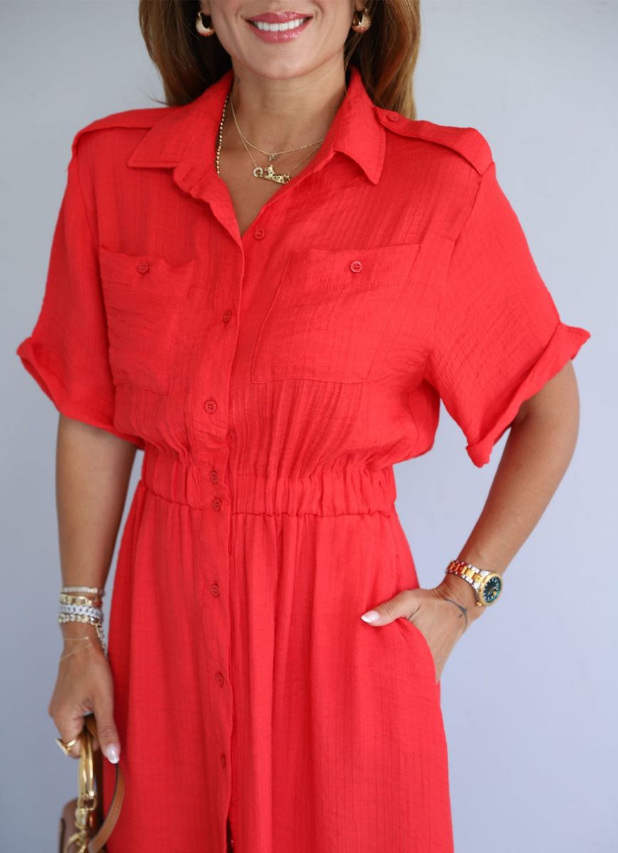 Mercan Rengi Beli Lastikli Cep Detay Gömlek Elbise   resmi