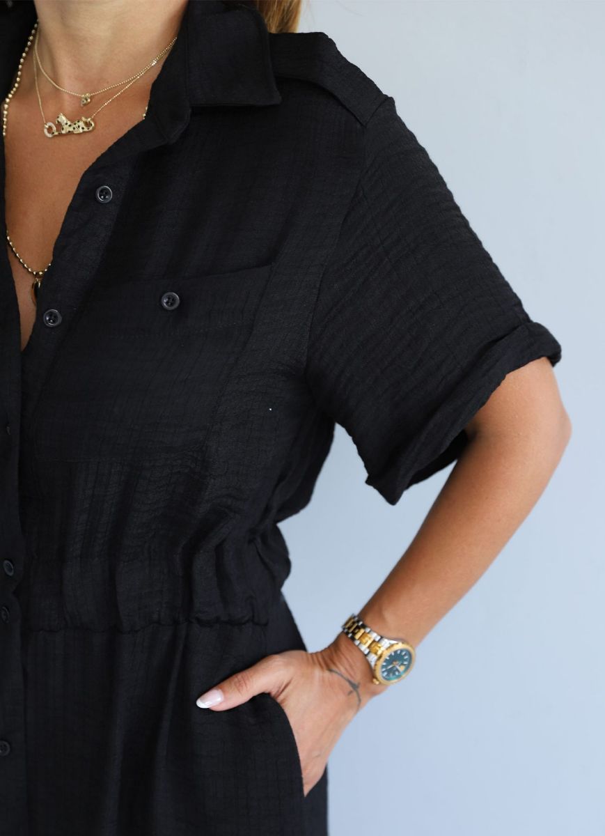 Siyah Beli Lastikli Cep Detay Gömlek Elbise   resmi