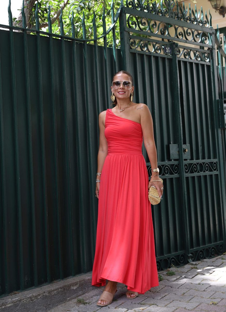 Mercan Rengi Tek Omuz Drape Detay Astarlı Elbise   resmi