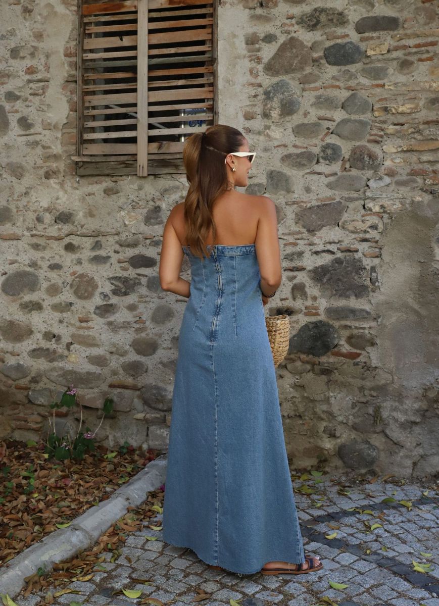 Mavi Yıkamalı Strplez Jean Elbise   resmi