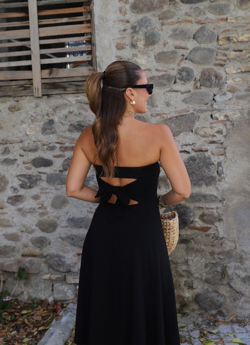 Siyah Kendinden Desenli Sırt Detay Straplez Elbise   resmi