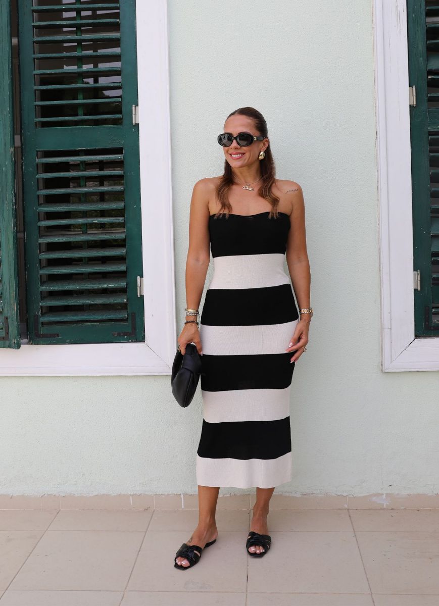 Siyah Ekru Kalın Çizgili Straplez Elbise   resmi