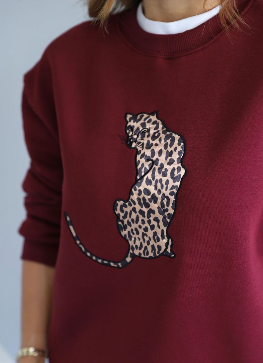 Bordo Leopar Baskı Detay Şardonlu Sweat   resmi